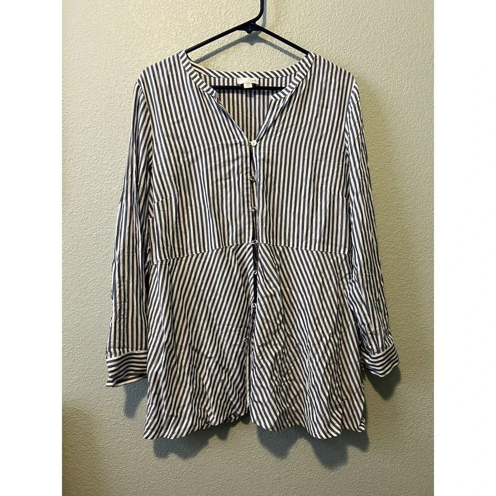 J Jill Blue White Striped Long Sleeve Shirt Blouse Size Medium Petite Women’s